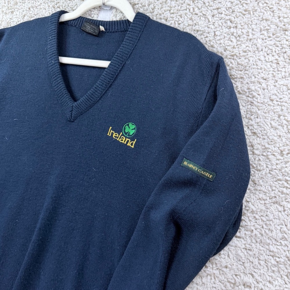 Mens Large Blarney Castle Ireland V-Neck Sweater Navy Blue Vintage Knit Irish